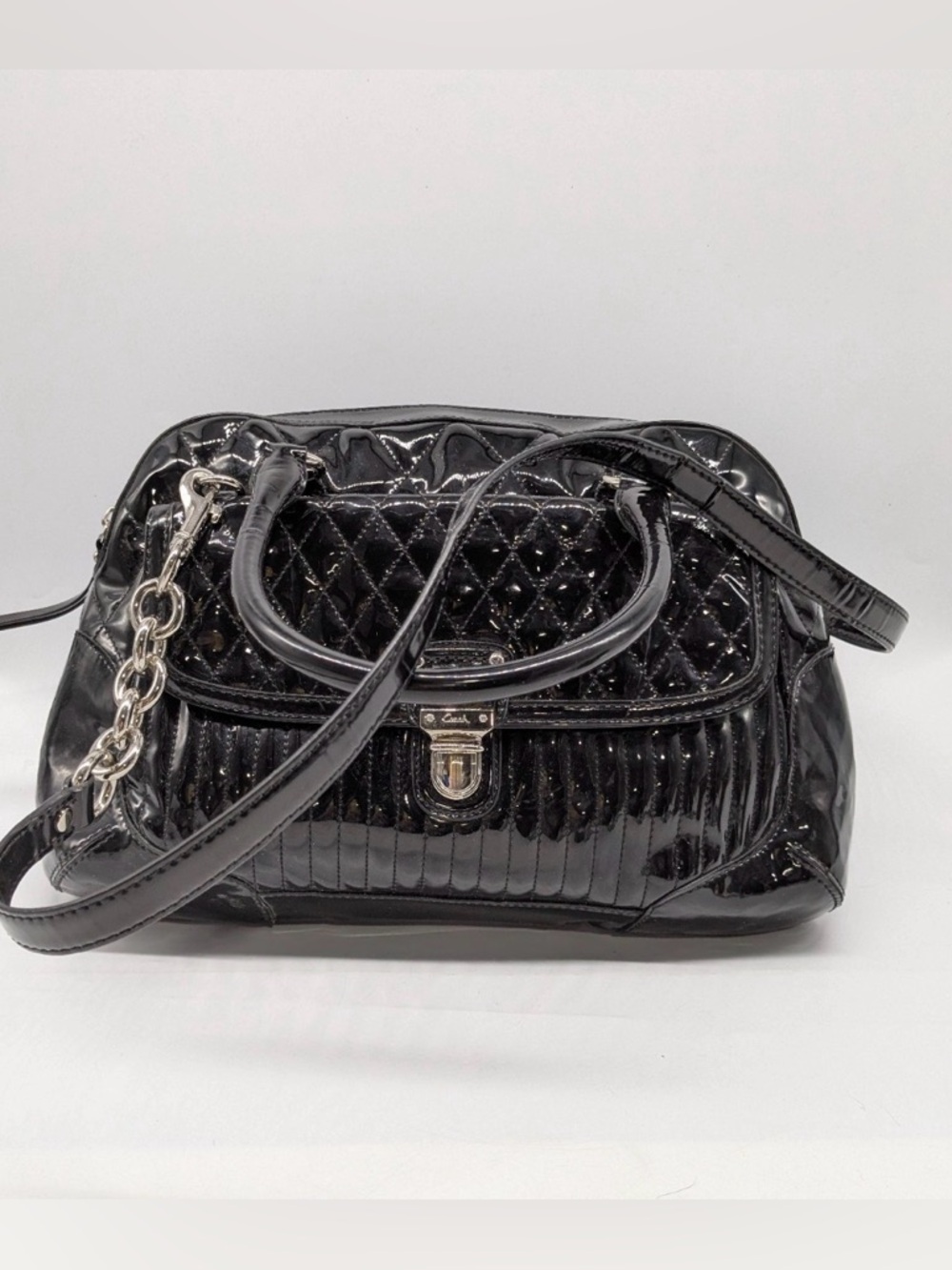 Authentic Coach Poppy Black Quilted Liquid Gloss Patent Leather Purse
